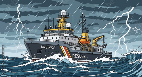 Canvas-taulu Rescue ship battling stormy seas with lightning strikes, maritime emergency