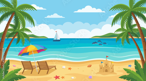 This cheerful illustration captures a tropical beach scene with palm trees, a sailboat, and colorful beach items, invoking feelings of relaxation, vacation, and sunny escapes by the sea.