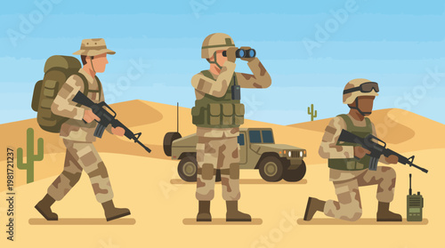 A depiction of military personnel equipped with gear and vehicles in a desert setting, conveying themes of duty, resilience, and teamwork in challenging environments.