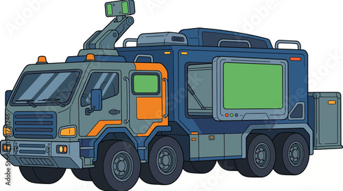 This detailed illustration depicts a modern waste collection truck with a high-tech setup, showcasing technology's role in effective municipal waste management solutions.
