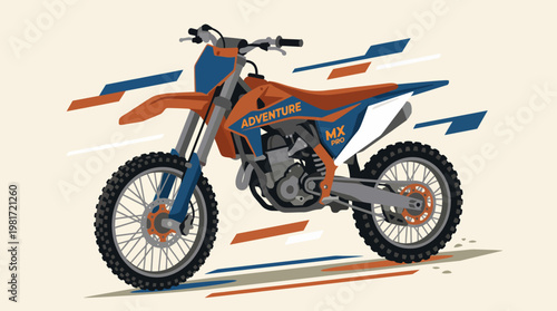 An illustrated motorcycle designed for adventure, exuding power and excitement with its vibrant color scheme and dynamic shapes, capturing the thrill of off-road biking.