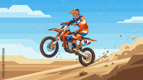 This dynamic illustration captures a motorcycle rider mid-jump in an exhilarating action pose, showcasing the thrill of dirt biking against a blue sky.