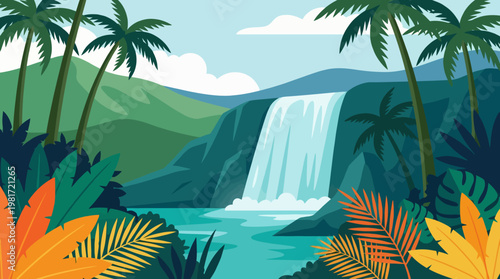 An enchanting illustration of a lush tropical landscape featuring a magnificent waterfall, surrounded by vibrant foliage and palm trees, evoking tranquility and adventure.