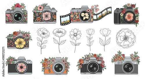 Camera equipment featured with varied flower blossoms is very artistic.