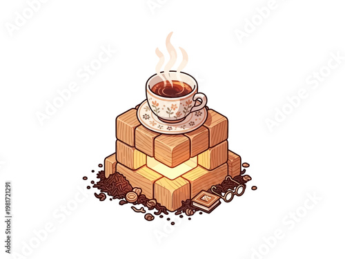 Steaming Cup of Coffee on a Stack of Cubes.