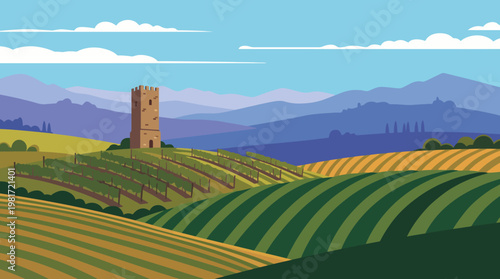 This illustration features a picturesque vineyard landscape with lush rolling hills and a historic tower, capturing the essence of serene countryside beauty and agriculture.