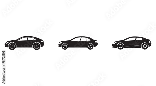 Three black car silhouettes in different angles on white background  side views of vehicles