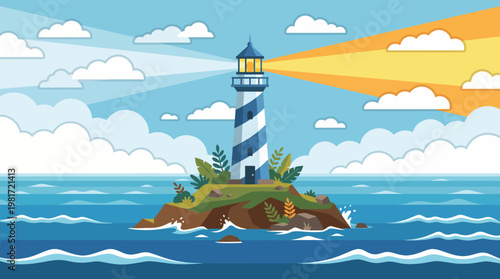 A beautifully illustrated lighthouse stands tall on a rocky island, casting its light over the ocean, symbolizing guidance, safety, and coastal charm.