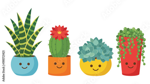 This image showcases a variety of potted plants, each with a cheerful face, depicting a playful and vibrant indoor garden atmosphere that adds joy to any space.