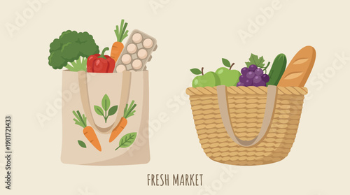 Colorful bags filled with fresh vegetables and eggs, representing a healthy lifestyle and a commitment to organic shopping at a fresh market or grocery store.