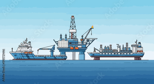Offshore Oil Rig and Support Ships in the Ocean - Pixel Art Style
