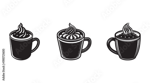 Three black coffee cups with steam rising from the top in a vintage illustration style on white background  hot beverage concept