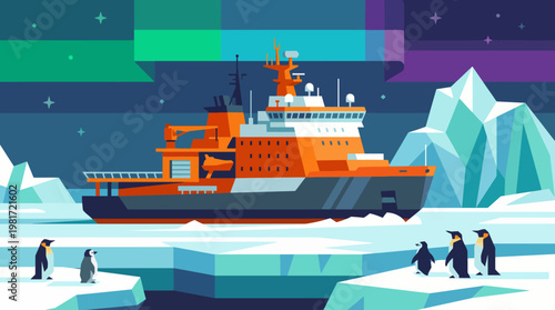 A striking image featuring an icebreaker ship navigating through an icy landscape with penguins, representing exploration and adventure in extreme environments.