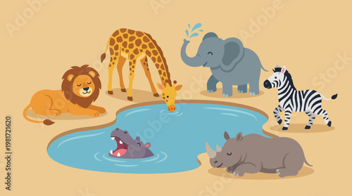 Bild auf Leinwand A colorful illustration showcasing a lion, giraffe, elephant, zebra, hippo, and rhinoceros gathered around a waterhole in a playful and vibrant wildlife setting
