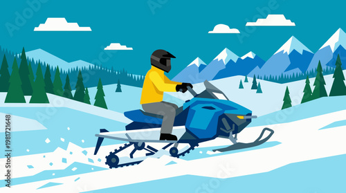 A thrilling illustration of a snowmobile rider navigating snowy terrain, showcasing winter adventure and the beauty of the outdoors in a vibrant, stylized art style.