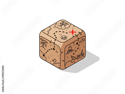 Treasure Map Cube With Skull and X Marks the Spot.