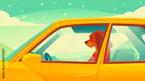 Pet Sitting in Car Window Scene Vector Illustrati