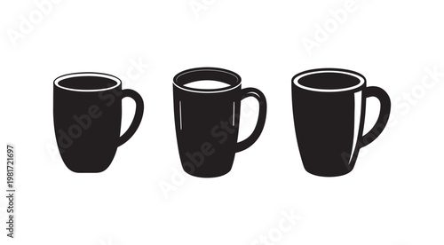 Three black coffee mugs side by side on white background for beverage and drink related concepts and designs  coffee mugs