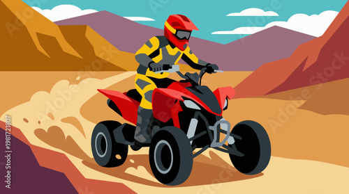 A dynamic illustration of a rider skillfully maneuvering an ATV through a rugged mountainous landscape, showcasing thrill and adventure in outdoor activities.