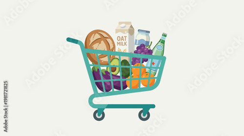 This stylish grocery cart displays a diverse selection of nutritious food items, promoting healthy choices and a balanced diet in everyday shopping environments.