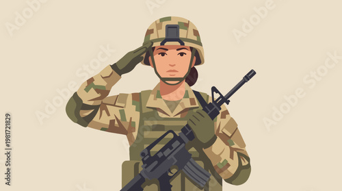 A digital artwork depicting a soldier saluting while holding a rifle, conveying themes of bravery, duty, service, and military professionalism against a neutral background.