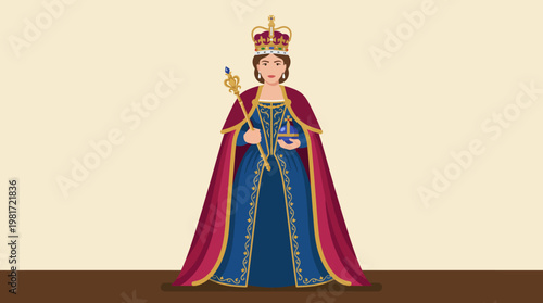 A beautifully illustrated regal woman adorned in a majestic gown and crown, symbolizing authority and elegance, holding a scepter and exuding royal grace.