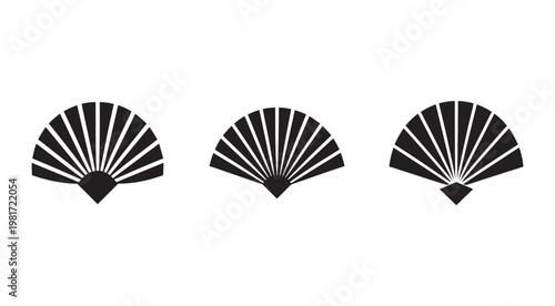 Three black folding hand fans with different designs on white background  traditional Japanese or Chinese style accessories for cooling down