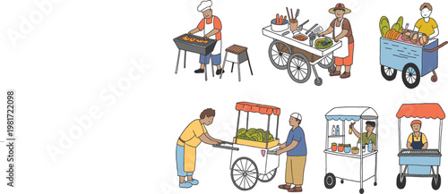 Asian street food vendors with carts and grills, mobile market character set, flat vector illustration