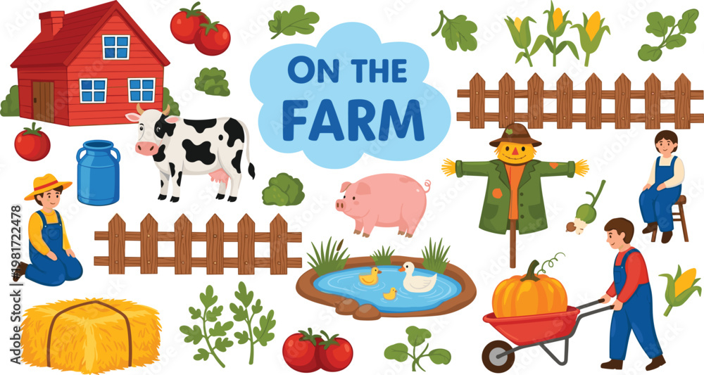 Fototapeta premium Rustic Autumn Farm Harvest Vector Collection Featuring Red Barn, Tractor, Windmill, and Fresh Pumpkins for Seasonal Agricultural Branding and Children's Educational Design