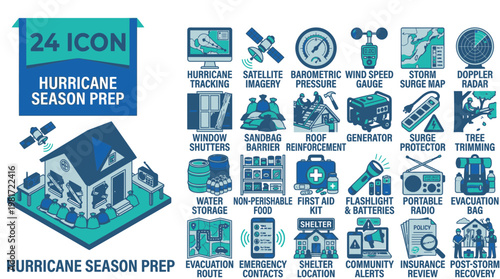 Hurricane Season Preparation Icons and House
