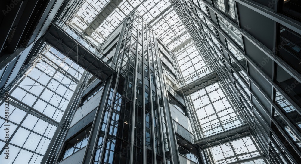 Obraz premium Soaring glass and steel atrium with suspended walkways inside a modern corporate building