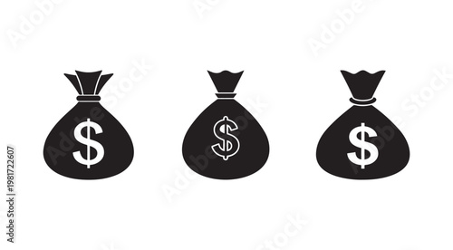 Three black money bags with dollar signs on white background  financial icons