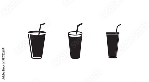 Three black paper cups with bent straws for cold drinks  isolated on white background