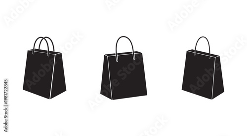 Three black shopping bags with white outlines and handles on white background  retail packaging
