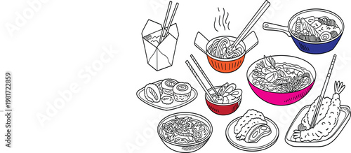 Asian food set with noodles, tempura and sushi, hand drawn Japanese cuisine vector sketch illustration
