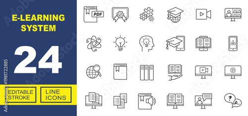 Exclusive E-Learning System line icon collection. Containing pdf, certificate, settings, mortarboard, video, conference, atom, bulb, smartphone, audiobook. Editable stroke.