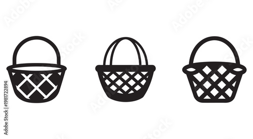 Three black shopping baskets with handles and crisscross patterns on white background for icon or logo use  simple line style