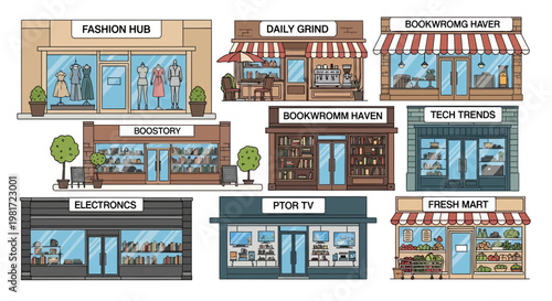 Diverse Retail Storefronts: Fashion, Books, Electronics, Tech, TV, and Groceries