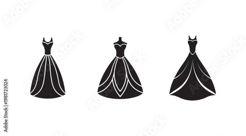 Three black silhouette dresses with white lines on white background  formal evening gowns
