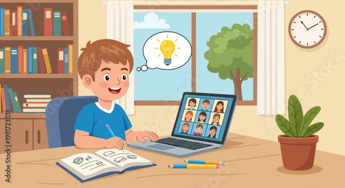 Happy boy learning online with classmates on laptop, bright idea lightbulb above head.