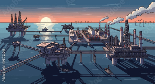 Offshore oil rig complex at sunset, pixel art style, industrial seascape