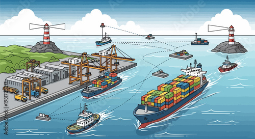 Global Shipping Logistics: Cargo Ships, Cranes, and Lighthouses in Busy Port