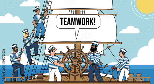 Nautical Teamwork: Sailors on Old Ship Harnessing Wind for Success