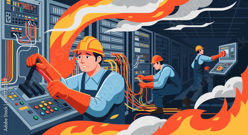Data center fire emergency, technicians in hard hats fighting fire near server racks