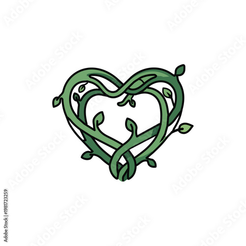 Green Twisted Vine Heart Icon with Leaf Sprouts Cartoon Illustration