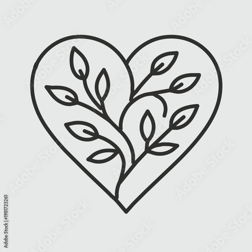 Heart Shape with Leafy Botanical Branch Motif Inside Line Art Vector Icon