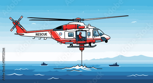 Helicopter performs sea rescue operation with rescuer suspended by cable