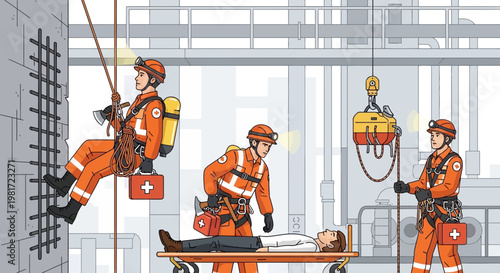 Rescue Team in Industrial Setting with Rappelling and Stretcher Evacuation