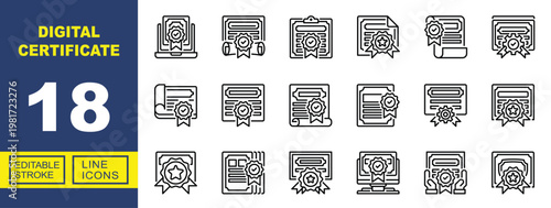 Exclusive Digital Certificate line icon collection. Containing Laptop, Scroll, Clipboard, Seal, Quality, Award, Diploma, Honor, Achievement, Computer. Editable stroke.