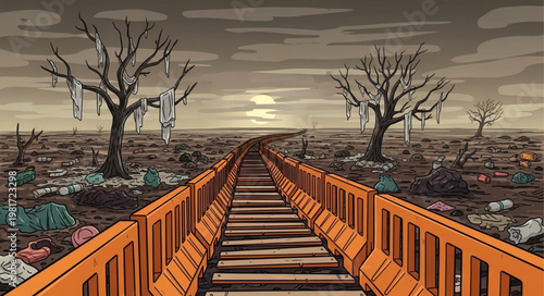 Apocalyptic landscape with dead trees and trash.